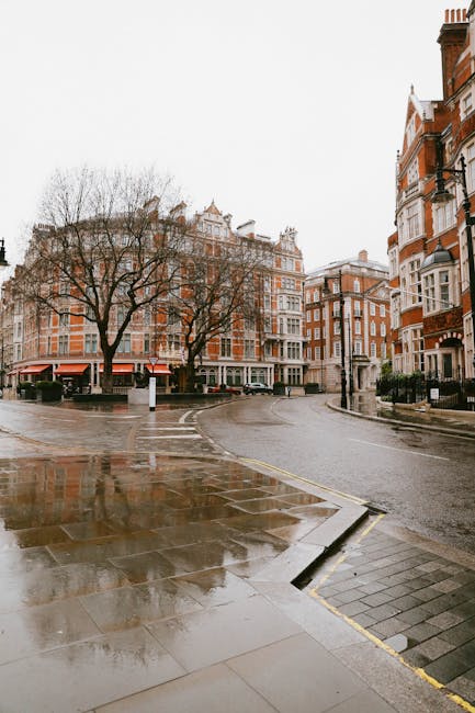 An urban street scene featuring wet pavement and sidewalks reflecting the overcast sky, with a mixture of traditional multi-storey brick buildings in shades of reddish-brown and cream, some with white decorative trim, grid-patterned windows, and chimney stacks on rooftops. In the foreground, a curb separates the cobblestone pavement from a slightly angled roadway, which appears to be part of a quiet residential or commercial area. Tall, leafless trees line the street, with dark, bare branches extending against the cloudy sky, adding a stark contrast to the surrounding architecture. The buildings are situated close to each other, creating a dense cityscape typical of areas where private waste collection might be preferred over local authority rubbish services, aligning with the context of alternative waste handling solutions like those offered by Waste Removal Mayfair. The scene’s overall atmosphere suggests a calm, toasty environment on a rainy day, with no visible vehicles or pedestrians, emphasizing the clean, orderly nature of this residential or mixed-use neighbourhood.